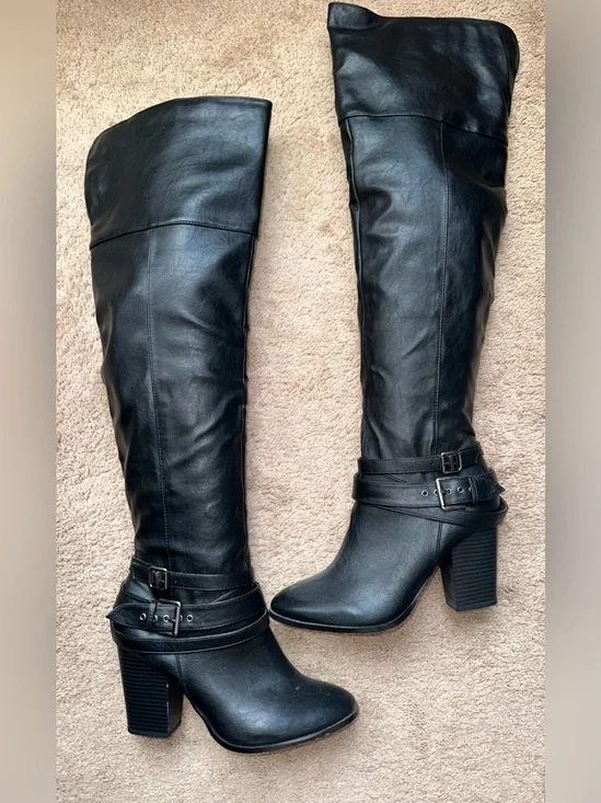 Charlotte Russe Black Over-the-Knee Block Heel Boots with Buckle Straps