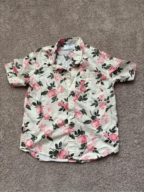 Old Navy Kids Floral Button-Up Shirt in Cream and Pink Youth Size M (8)