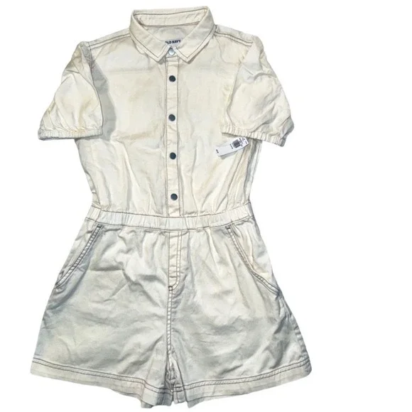 Old Navy Kids XL‎ 14-16 Utility Romper Cream Off-White Cotton Twill Snap Front