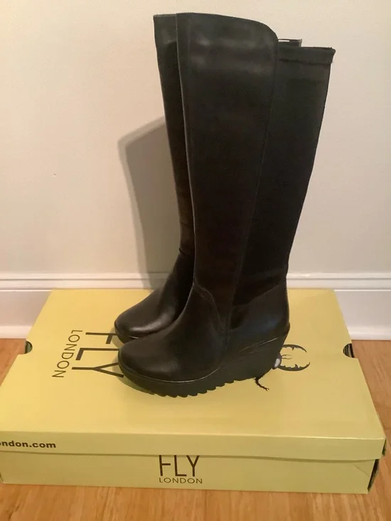 Fly London Black Wedge Knee-High Boots
