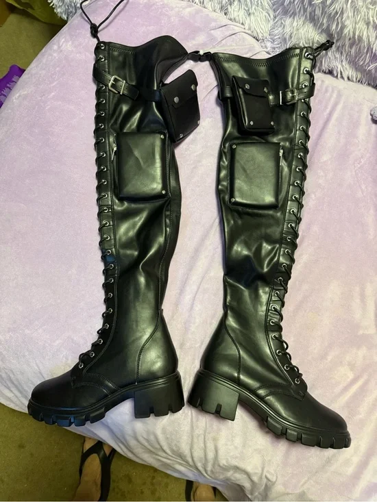 Sexy Black Thigh-High Lace-Up Combat Boots With Pockets Size 8 NWOT