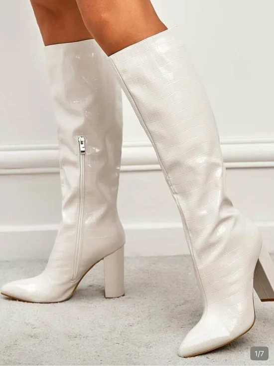 Ivory Knee-High Block Heel Boots