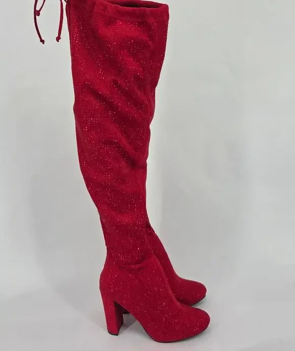 Forever Diamond Red Rhinestone Over the Knee Thigh High Heeled Boots NEW Size 10