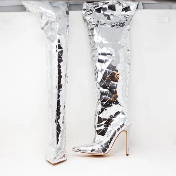 NEW Azalea Wang Shattered Disco Over The Knee High Heels Boots Shoes Silver 6