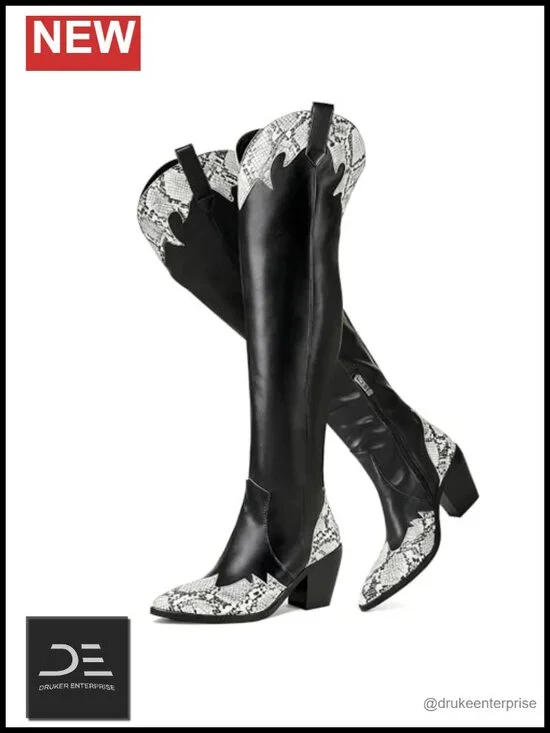 Embroidered Thigh High Cowboy Boots Women's PU Leather Over The Knee Chunky Heel