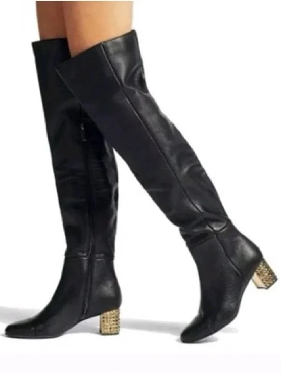NWOT Kurt Geiger Mayfair Black Leather Over The Knee Boots Gold Heel Size 6.5