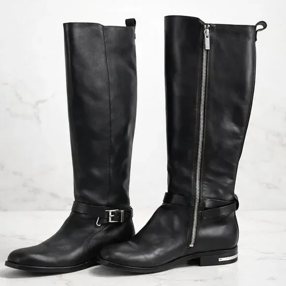Michael Kors Arley Tall Riding Boots Black Leather Size 7 Silver Hardware Zipper