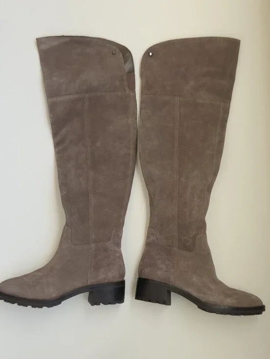 Vince Camuto 6.5 Taupe Suede Over Knee Boots Vibram Lug Sole Block Heel