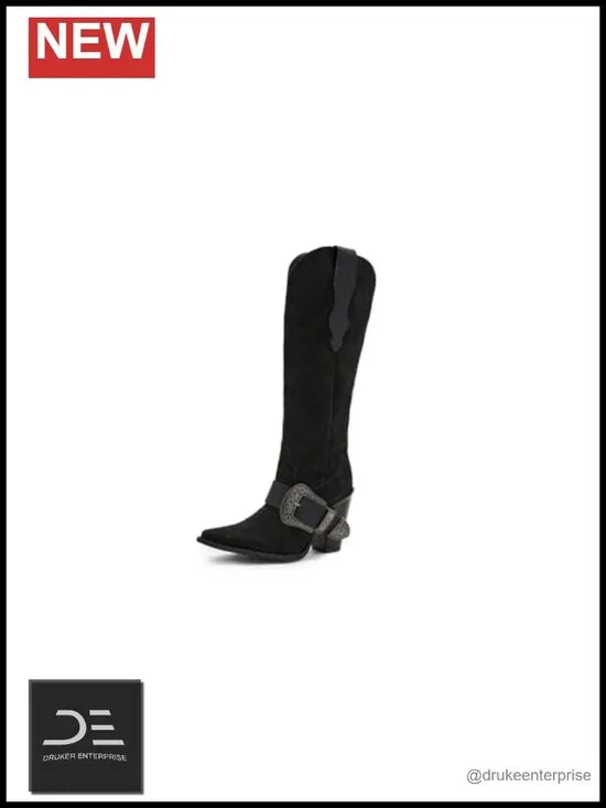 Suede Leather Knee High Boots, Block Heel, Zip Closure