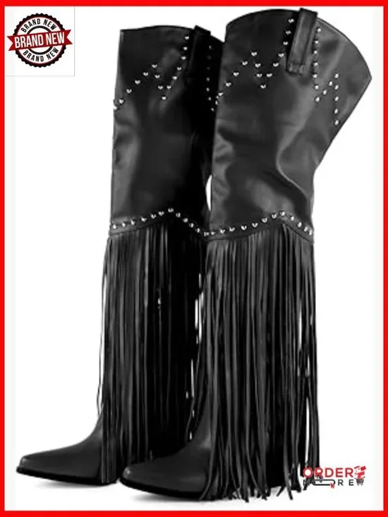 Faux Fur Knee High Boots Pointed Toe Block Heel Winter Fashion