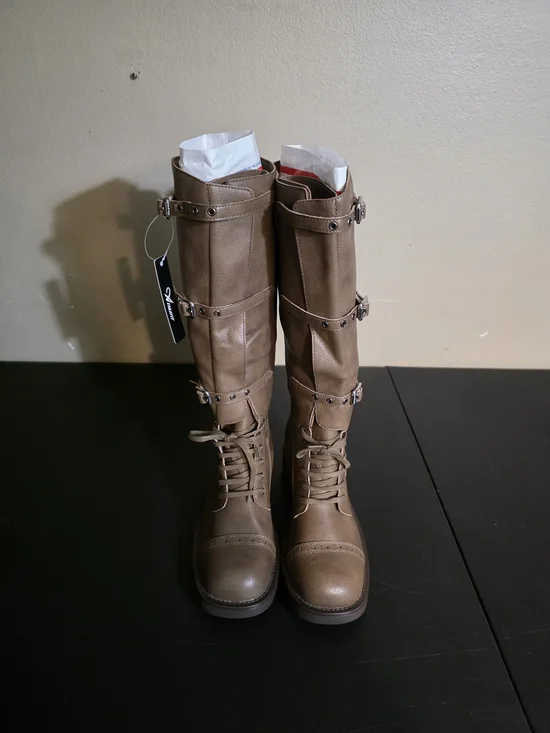 Soda Over-the-Knee Lace-Up Buckle Boots in Taupe