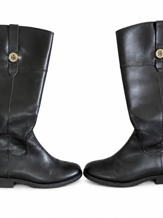 Tommy Hilfiger Women’s Black Knee High Riding Boots 9.5M Gold Logo Zip