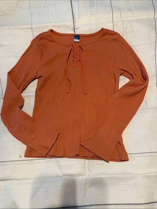 Old Navy Girls’ Ribbed Lace-Up Long Sleeve Top - Rust