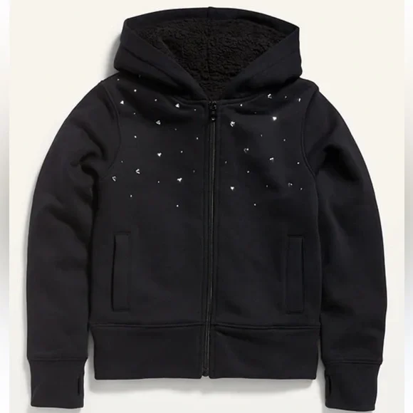 Old Navy Girls Sherpa Lined Full Zip Hoodie Small 6-7 Black with‎ Silver Hearts