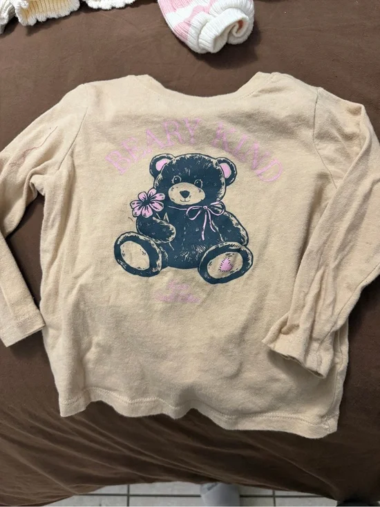 Old Navy Beige Long-Sleeve Tee with Navy Teddy and Pink Accents