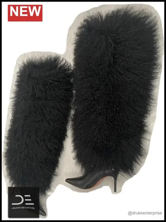 Real Mongolian Fur Over Knee Boots Women's Pointed High Heel