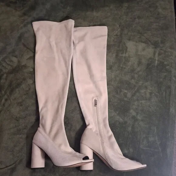 Women's Over-the-Knee Peep-Toe Boots in Light Taupe