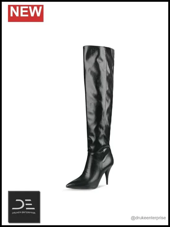 Over the Knee Boots Pointed Toe Stiletto Heel Faux Leather Slip On Tall Boots