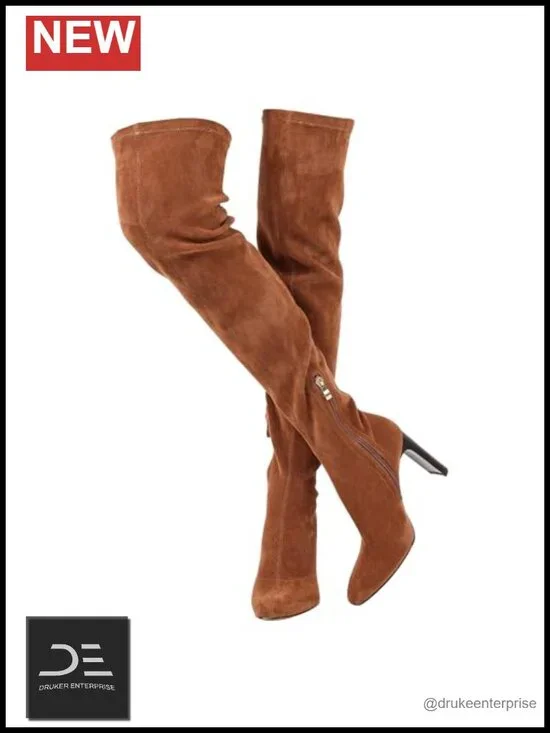 Over-the-Knee Suede Boots Square Toe Chunky Heel Side Zipper Stretch Women's