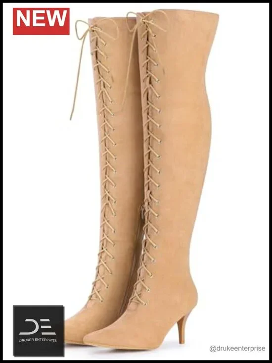 Over Knee Boots Stiletto Heel Lace Up Side Zip Faux Suede Memory Foam