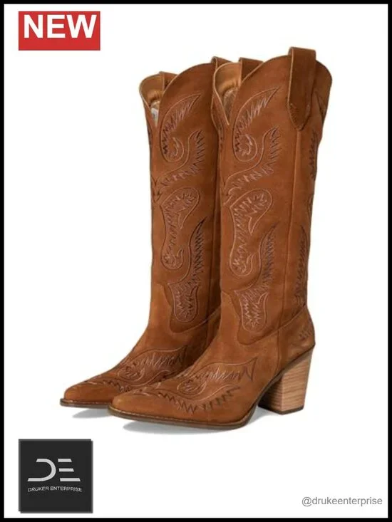 Suede Snip Toe Western Embroidered Over the Knee Boots Mid Block Heel Pull-On