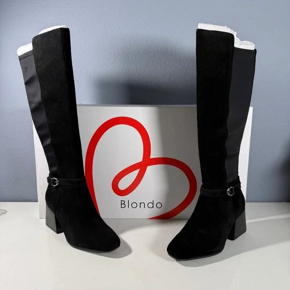 Blondo Twyla Black Suede Waterproof Tall Boots Block‎ Heel Womens 8.5 M New
