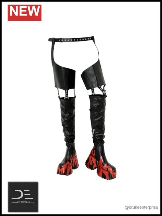 Flames Print Suede Thigh High Chunky Heel Boots with Belt Straps