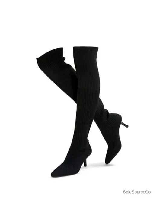 Women's Over Knee Knit Boots High Heel Stiletto Pointed Toe Thigh High Stretch