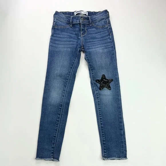 Old Navy Blue Rockstar Jeggings Kids 7 Sequin Star Patch Raw Hem S/343325-00