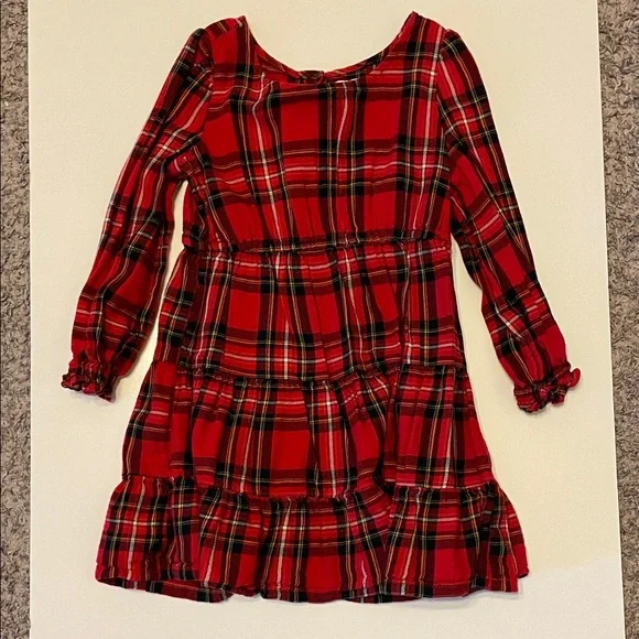 Old Navy Toddler Girl 3T Tiered Long Sleeve Plaid Red Dress
