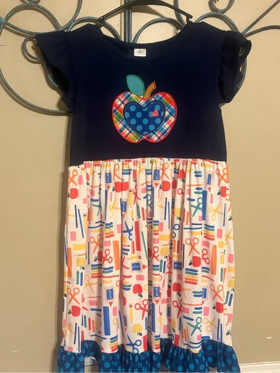 Old Navy Navy Top with Multicolor School Supplies Skirt Dress