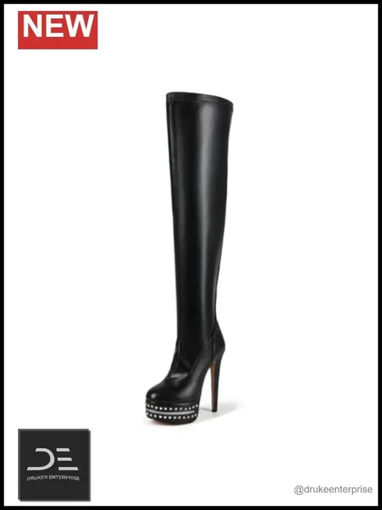 Over Knee Stiletto Platform Boots Faux Leather Studded Zipper Thigh High