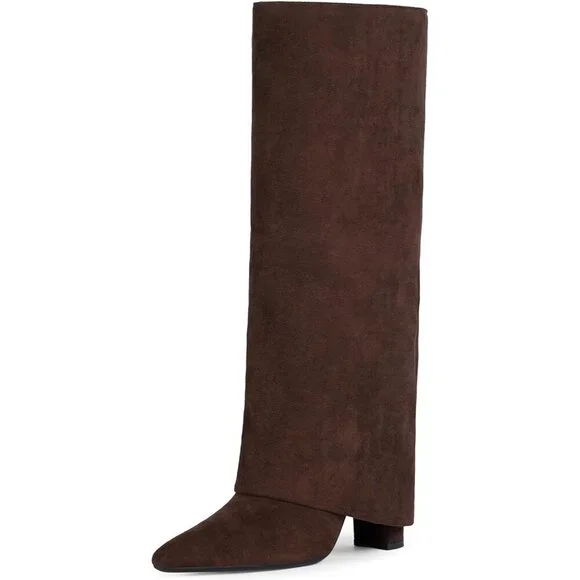 Women Suede Chocolate Faux Leather Fold Over Knee High Chunky High Heels Boot
