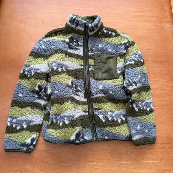 Old Navy Fleece Sherpa Zip Up Jacket Boys 8 Smoky Mountain Green Camo