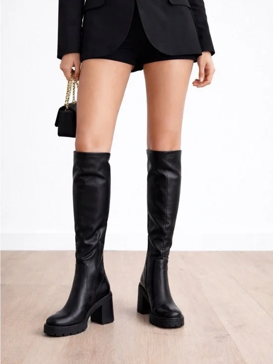 Steven New York Hylda Over-The-Knee Boots Black Size 7 Chunky Heel Stretch Shaft