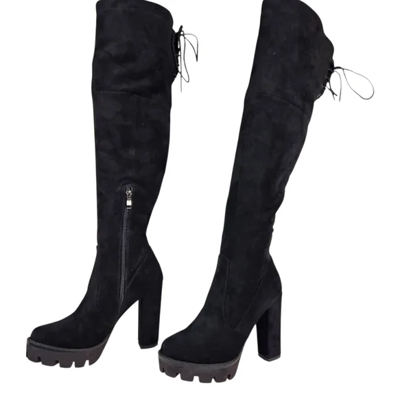 Isnom Black Suede Leather Chunky Lug Sole Over The Knee Tall Boot Women Size 9.5