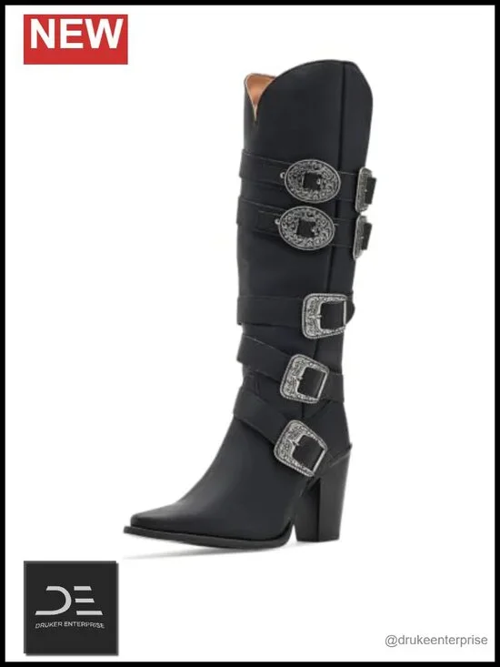 Over the Knee Boots Real Leather Equestrian Snip Toe Low Heel Pull On Half Zip
