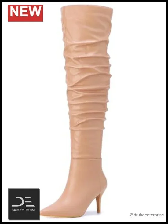 Over the Knee Stiletto Heel Boots Faux Leather Pointed Toe Slouch Women