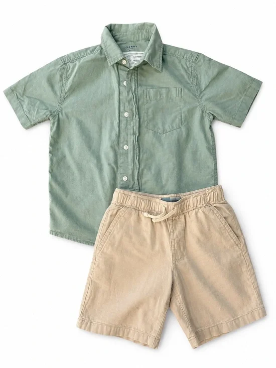 Old Navy Boys Outfit – Green Button-Down Shirt + Khaki Shorts – Size 8