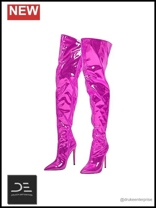 Metallic Thigh High Boots Side Zip Pointed Toe Stiletto Heels Over Knee