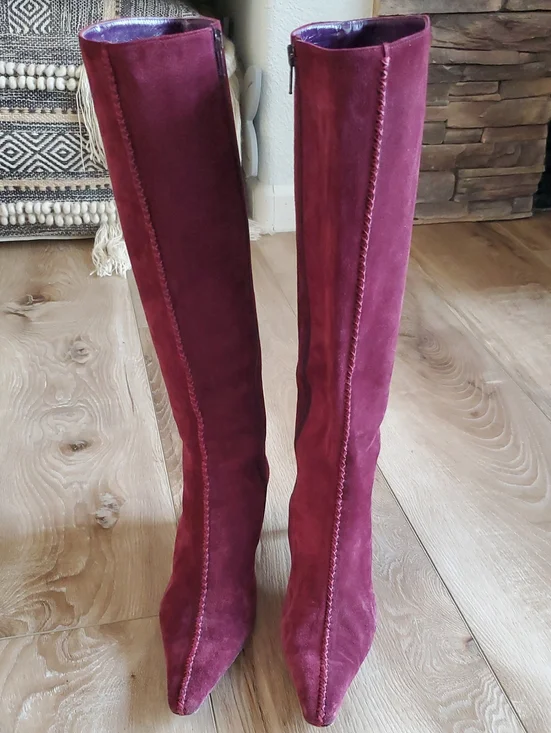 Barbara Bui Burgundy Suede Over-the-Knee Pointed Boots Snakeskin Trim