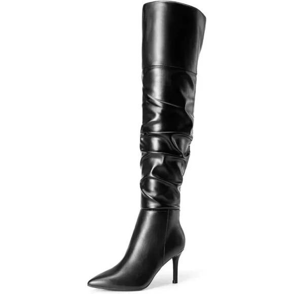 Women's Black-pu Faux Leather Over The Knee Boots Thigh High Pointed Toe Boots