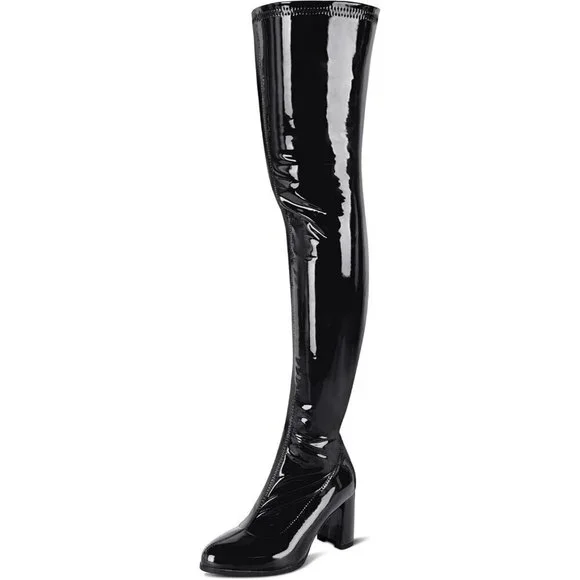 Women Black Patent Leather PU Thigh High Boots Pointed Toe Over The Knee Boots