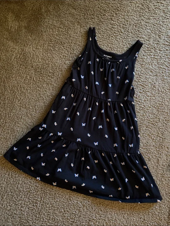 Old Navy Black Butterfly Tiered Dress with Blue & Pink Accents
