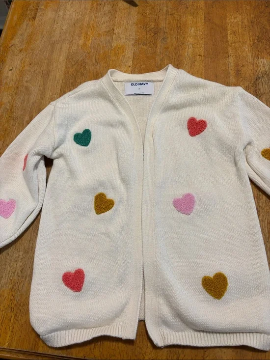 Old Navy White Cardigan with Multicolor Heart Appliqués 4T