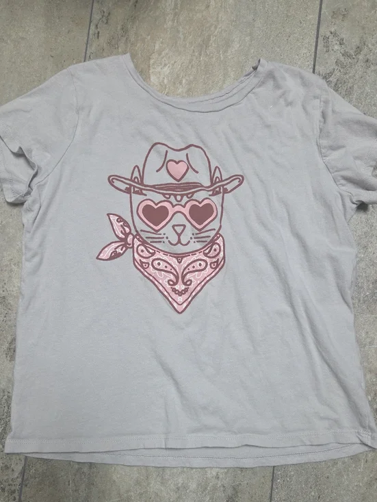 Old Navy Light Gray Tee with Pink Cat Cowboy Graphic xl 14 16 Plus