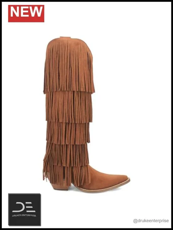 Dingo Womens Wild Child Fringe Suede Pull On Knee High Block Heel Boots