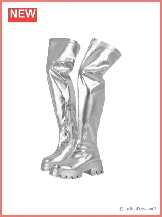 Round Toe Low Block Heel Thigh Boots Chunky Tread Sole Zip Up Over Knee