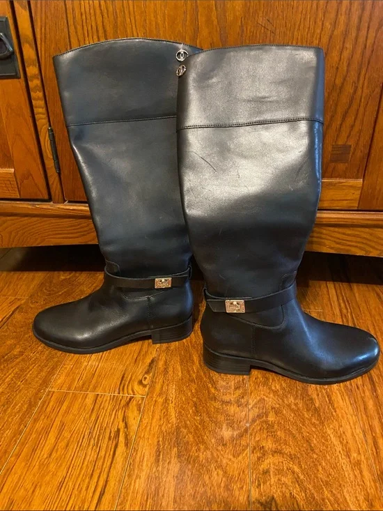 Black Leather Tall Riding Boots with Signature Hardware Charter Club Brand