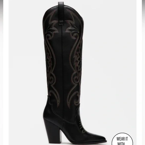 Steve Madden Lasso Black Women's Tall Western Boot with Embroidered Detail